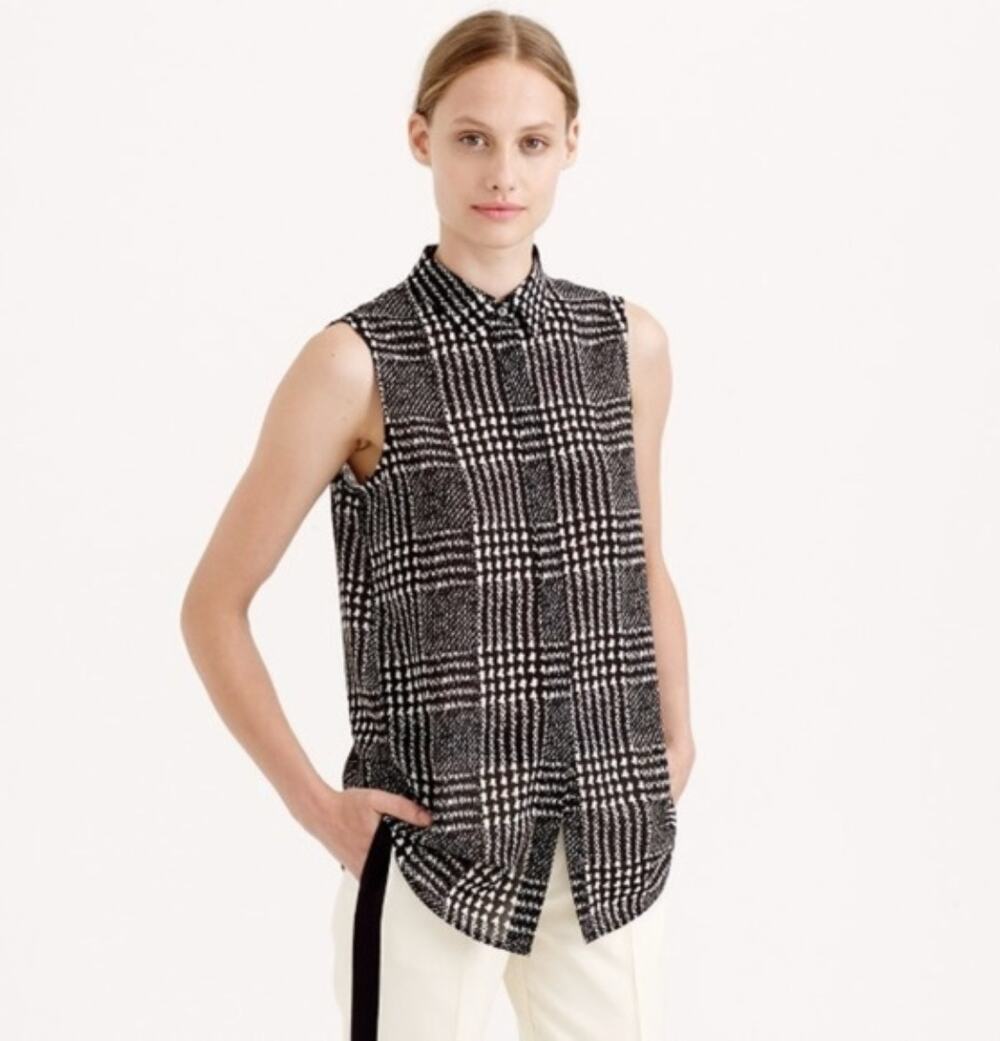J. Crew Sleeveless Blouse in Graphic Plaid Black B1147 Size 0